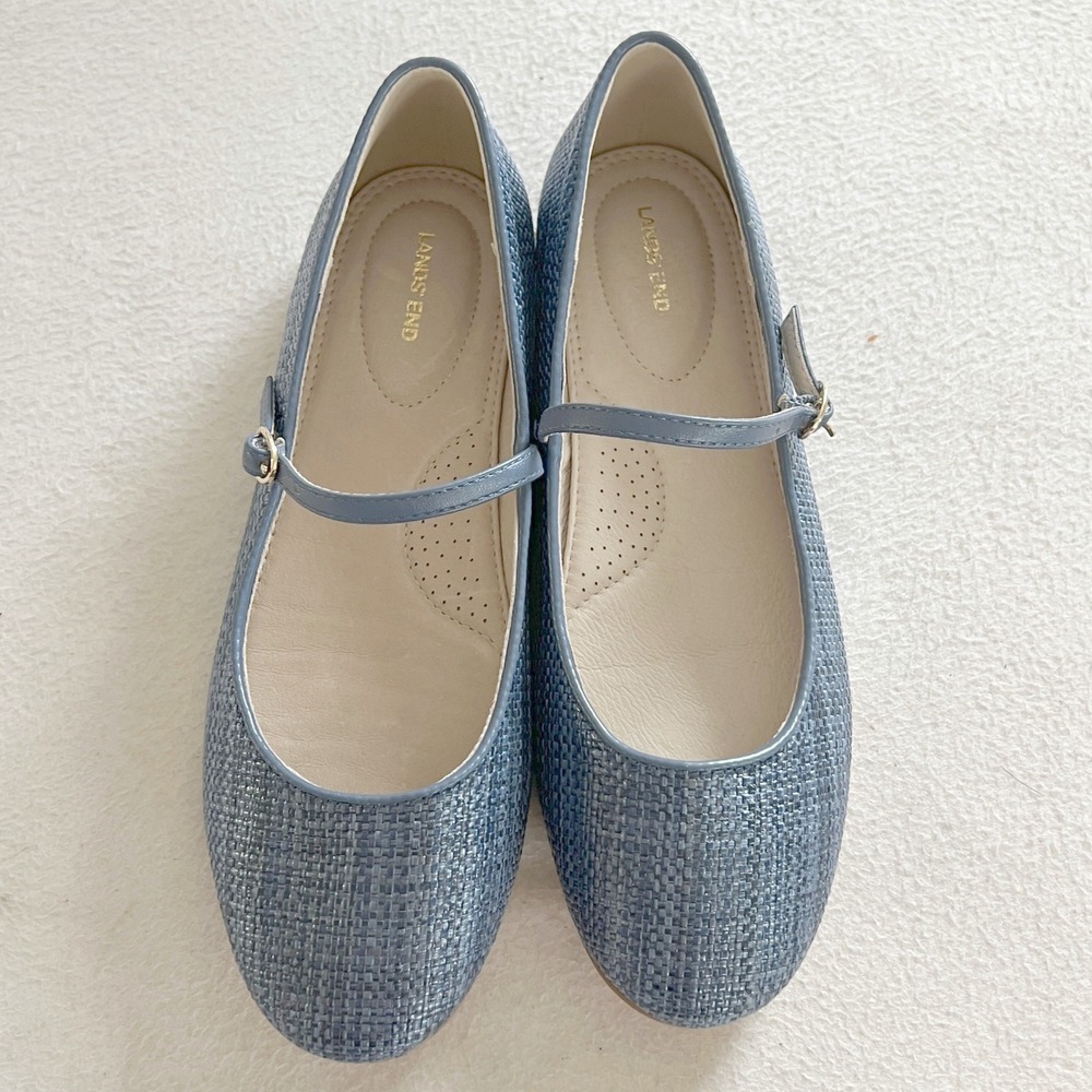 Lands End Mary Jane Flats Women 6.5 Blue Woven Textured Buckle Strap Shoes - Picture 5 of 12